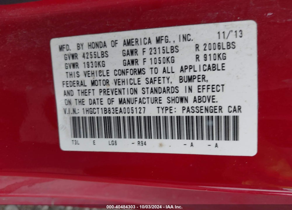 2014 HONDA ACCORD EX-L VIN: 1HGCT1B83EA005127