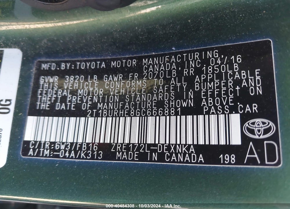 2016 TOYOTA COROLLA LE VIN: 2T1BURHE8GC666881