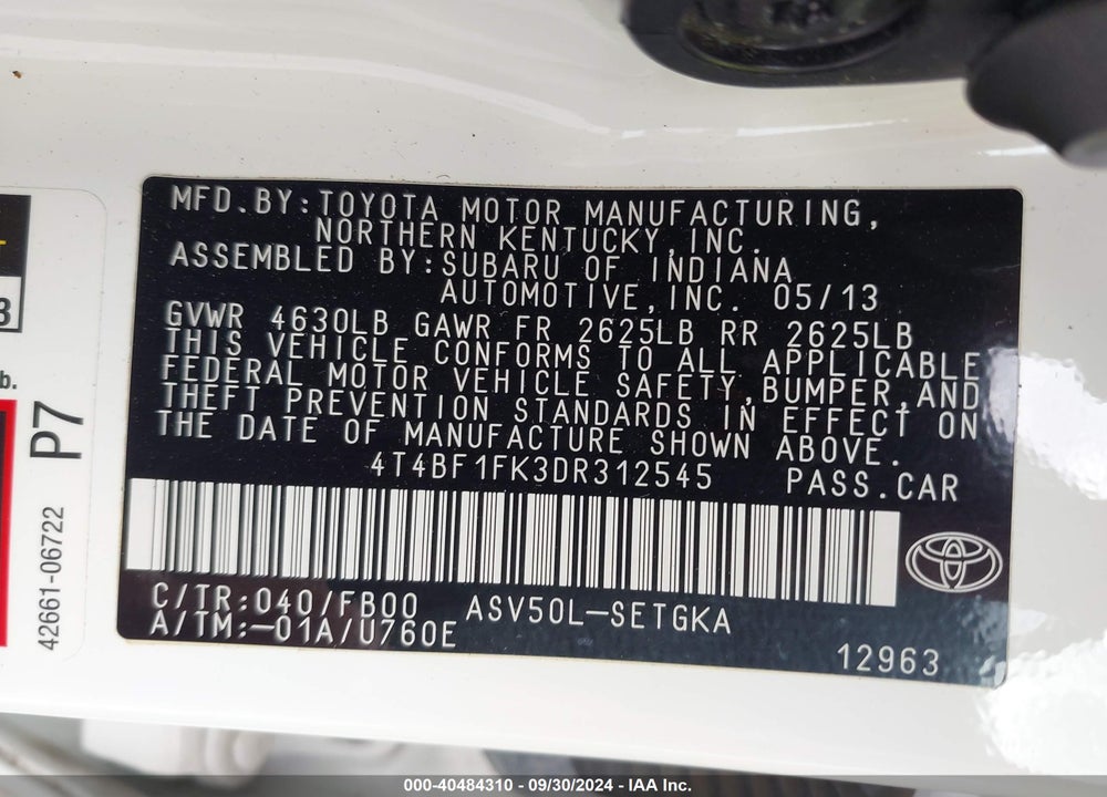 2013 TOYOTA CAMRY XLE VIN: 4T4BF1FK3DR312545