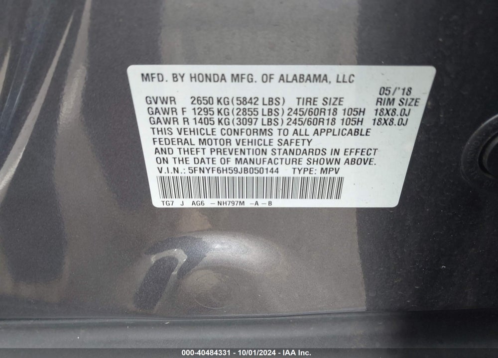 2018 HONDA PILOT EX-L VIN: 5FNYF6H59JB050144
