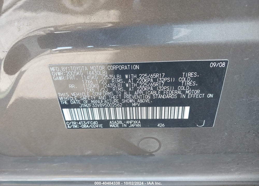 2009 TOYOTA RAV4 VIN: JTMZF33V895002562