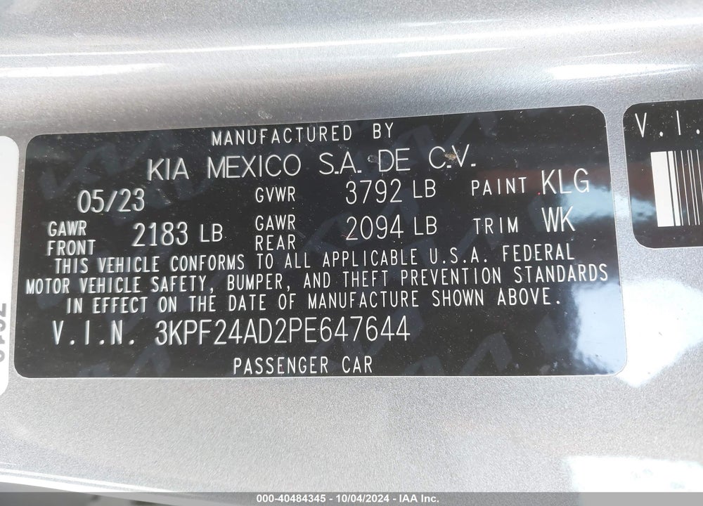 2023 KIA FORTE LXS VIN: 3KPF24AD2PE647644