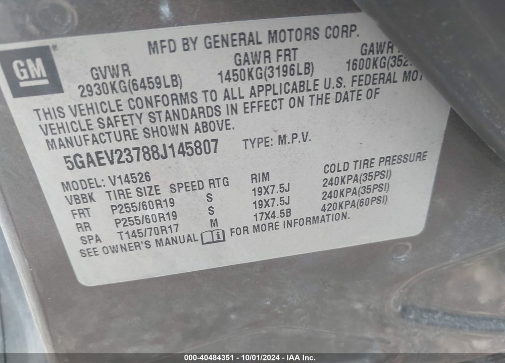 2008 BUICK ENCLAVE CXL VIN: 5GAEV23788J145807
