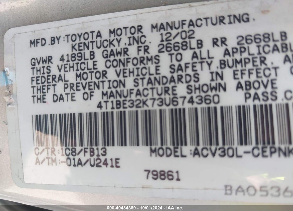 2003 TOYOTA CAMRY LE VIN: 4T1BE32K73U674360