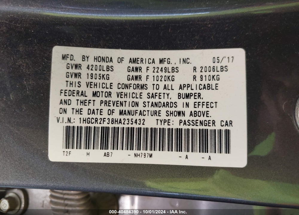 2017 HONDA ACCORD LX VIN: 1HGCR2F38HA235432
