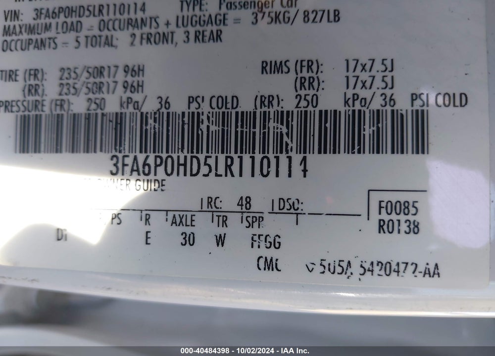 2020 FORD FUSION SE VIN: 3FA6P0HD5LR110114