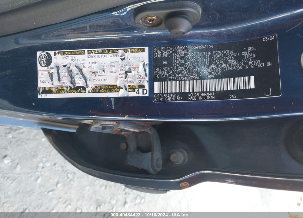 2004 TOYOTA HIGHLANDER V6 VIN: JTEEP21A240039064