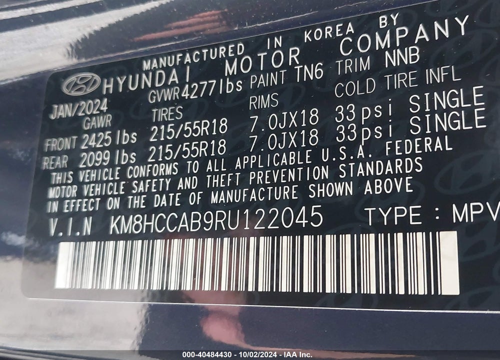 2024 HYUNDAI KONA SEL VIN: KM8HCCAB9RU122045