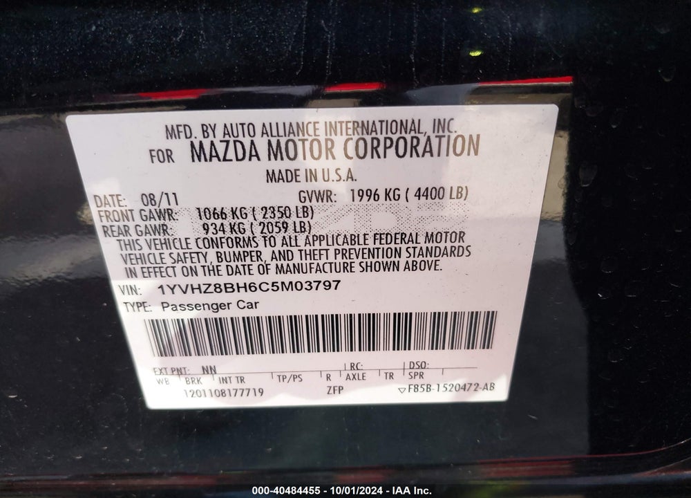 2012 MAZDA 6 I SPORT VIN: 1YVHZ8BH6C5M03797