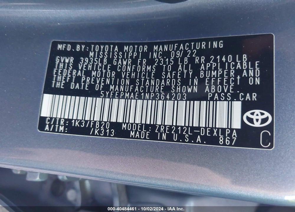 2022 TOYOTA COROLLA LE VIN: 5YFEPMAE1NP364203