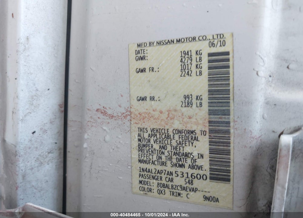 2010 NISSAN ALTIMA 2.5 S VIN: 1N4AL2AP7AN531600