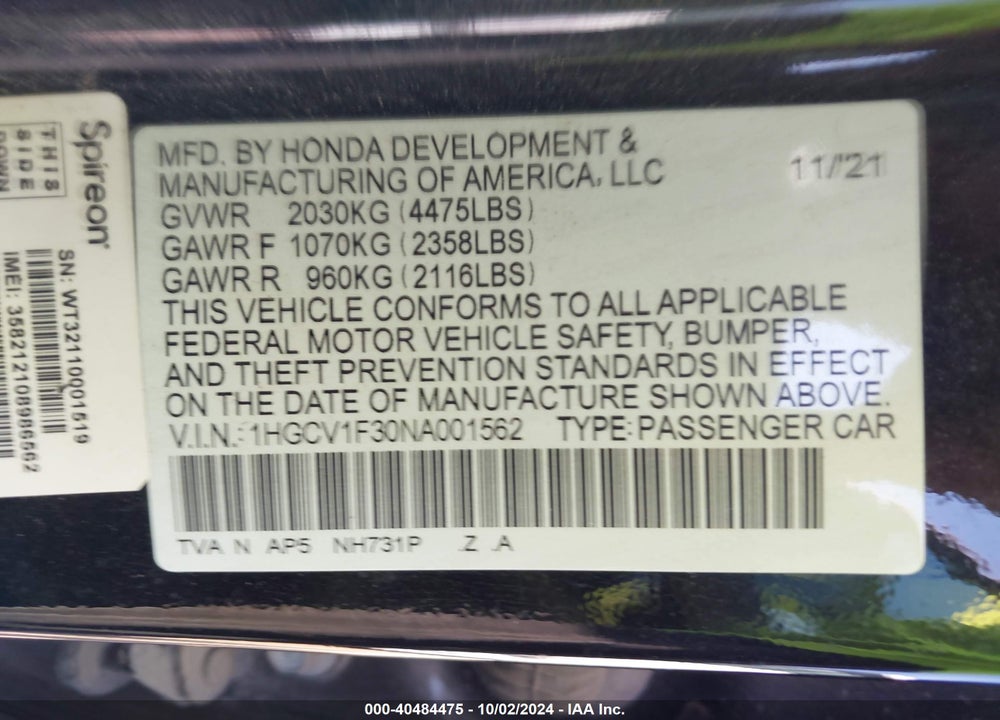 2022 HONDA ACCORD SPORT VIN: 1HGCV1F30NA001562