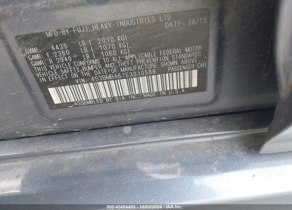 2014 SUBARU LEGACY 2.5I VIN: 4S3BMBA67E3010588