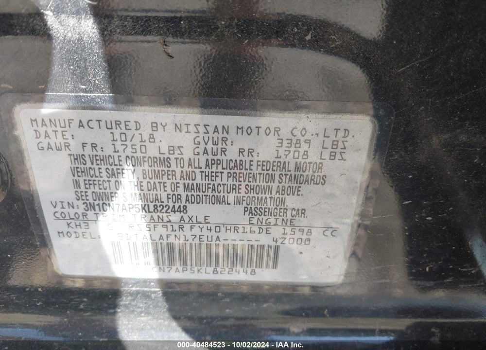 2019 NISSAN VERSA 1.6 S+ VIN: 3N1CN7AP5KL822448