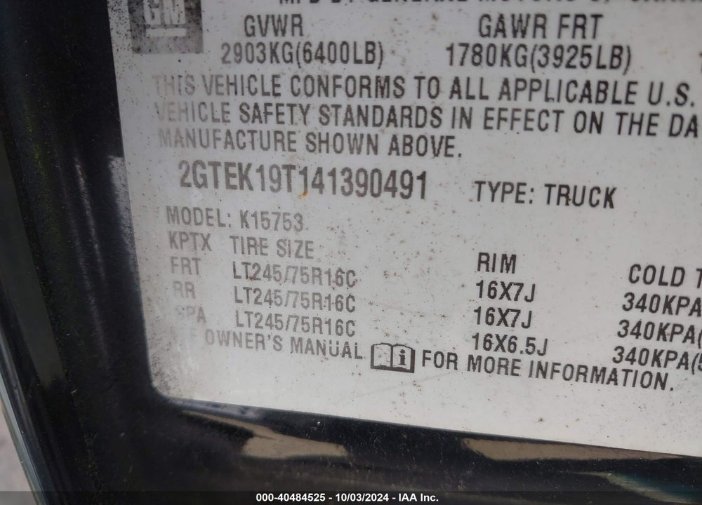 2004 GMC SIERRA 1500 VIN: 2GTEK19T141390491