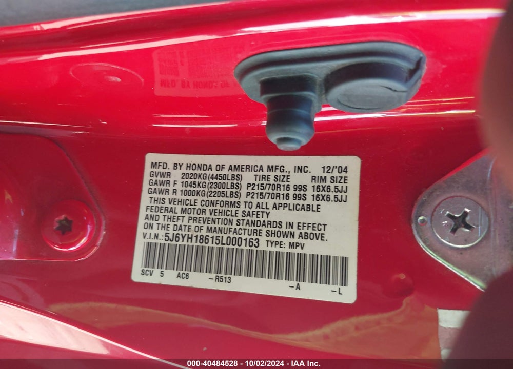 2005 HONDA ELEMENT EX VIN: 5J6YH18615L000163