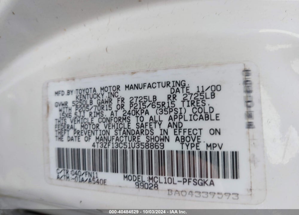 2001 TOYOTA SIENNA LE VIN: 4T3ZF13C51U358869