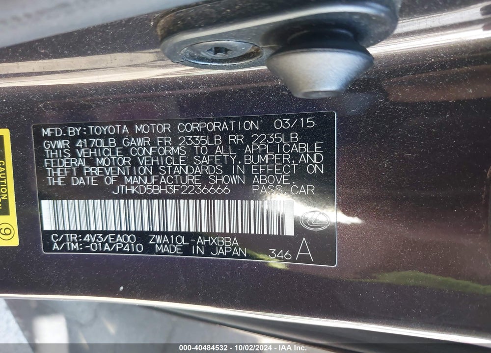 2015 LEXUS CT 200H VIN: JTHKD5BH3F2236666
