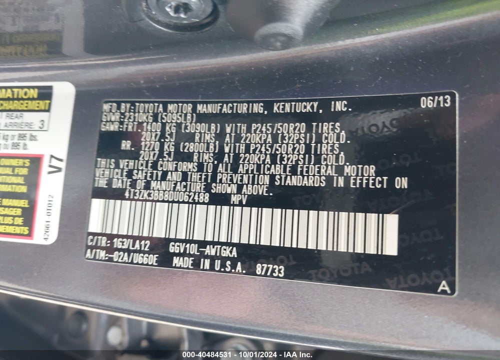 2013 TOYOTA VENZA LIMITED V6 VIN: 4T3ZK3BB8DU062488