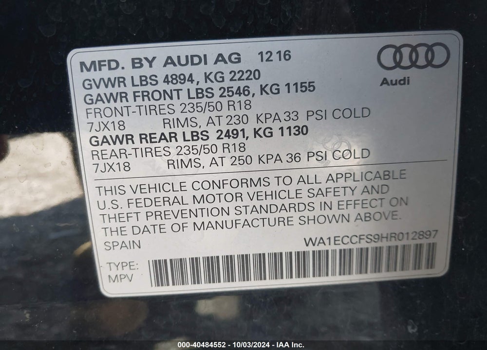 2017 AUDI Q3 2.0T PREMIUM VIN: WA1ECCFS9HR012897