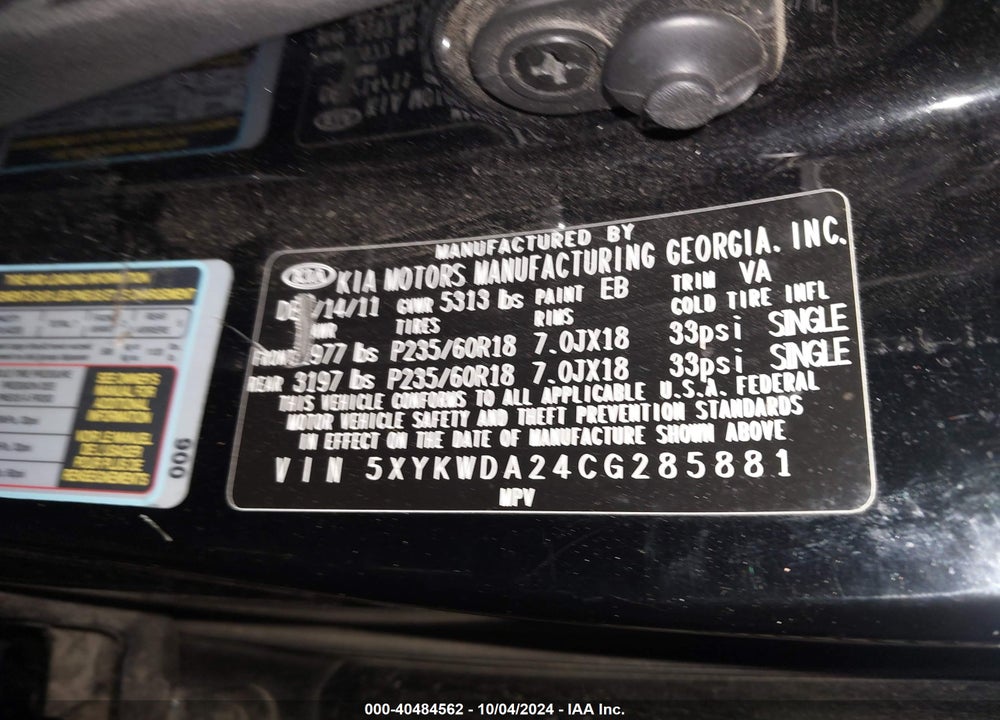 2012 KIA SORENTO SX V6 VIN: 5XYKWDA24CG285881