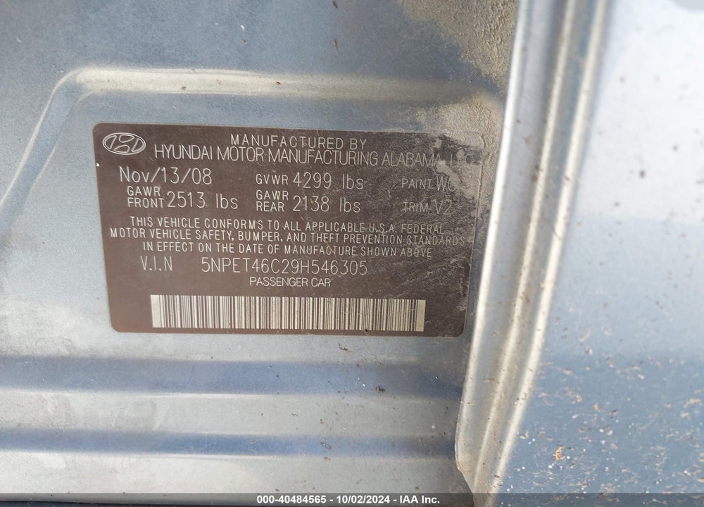 2009 HYUNDAI SONATA GLS VIN: 5NPET46C29H546305