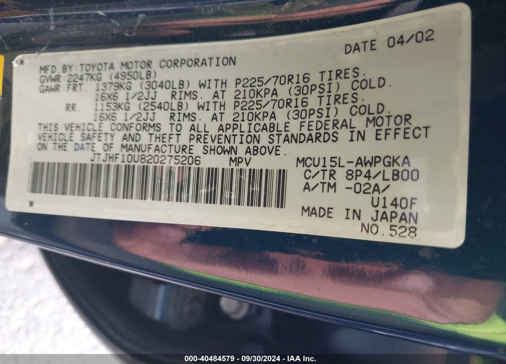 2002 LEXUS RX 300 VIN: JTJHF10U820275206