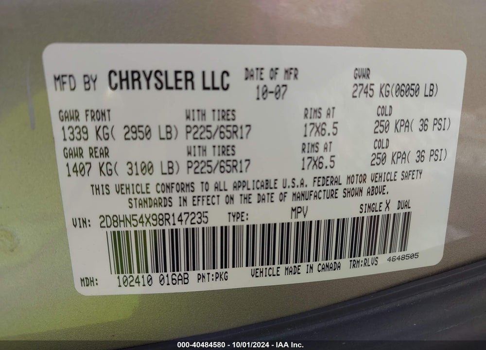 2008 DODGE GRAND CARAVAN SXT VIN: 2D8HN54X98R147235