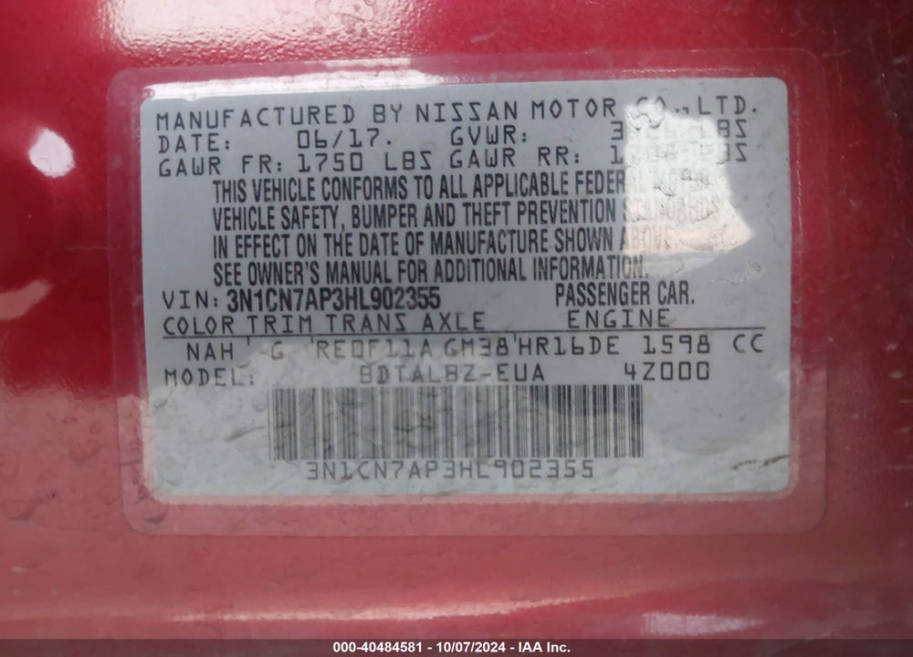 2017 NISSAN VERSA 1.6 SV VIN: 3N1CN7AP3HL902355