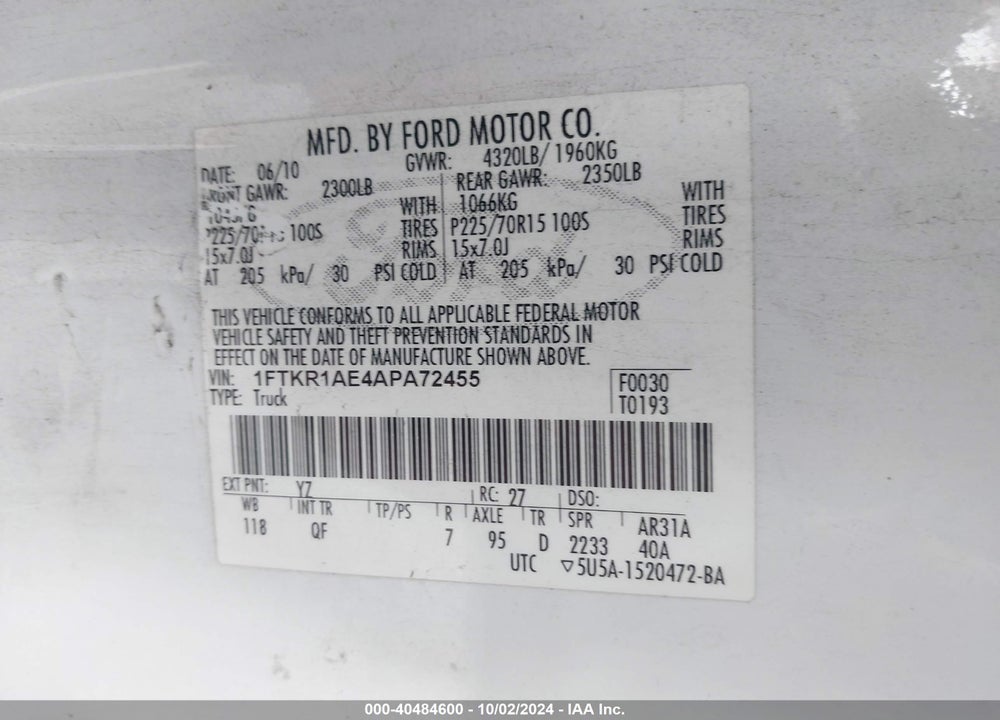 2010 FORD RANGER XL VIN: 1FTKR1AE4APA72455
