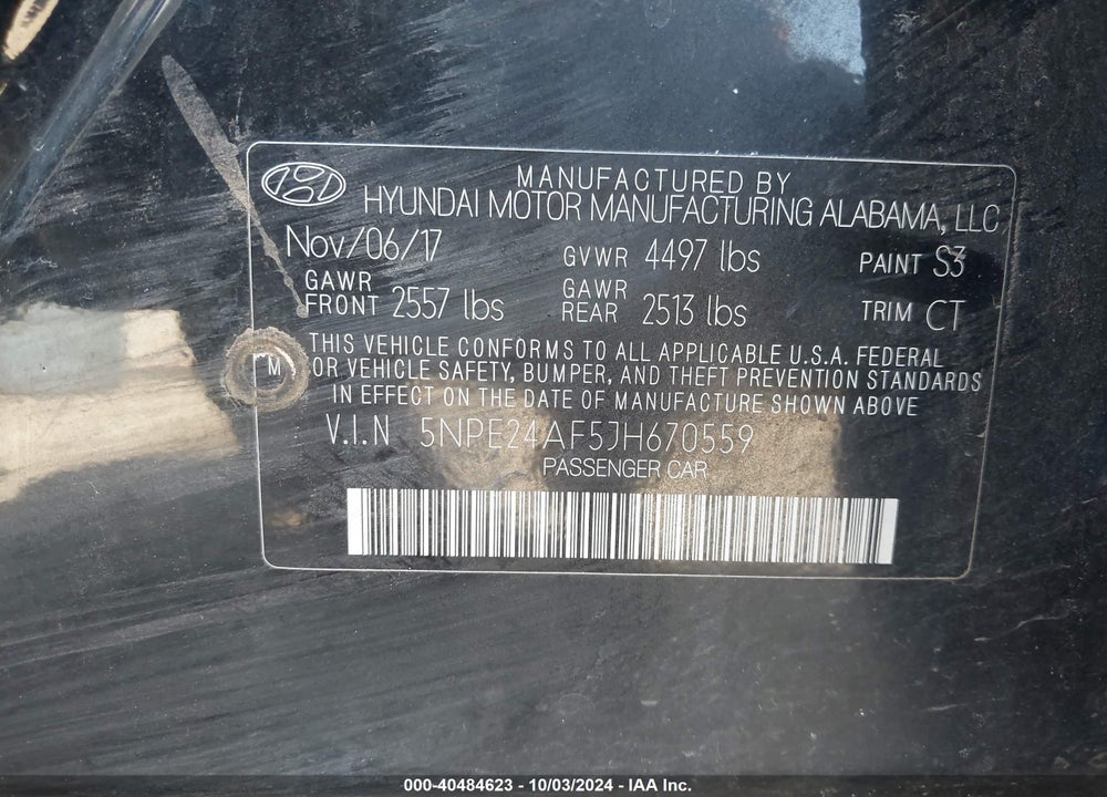 2018 HYUNDAI SONATA SE VIN: 5NPE24AF5JH670559