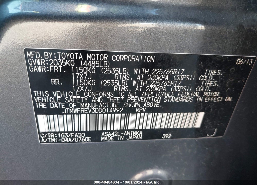 2013 TOYOTA RAV4 XLE VIN: JTMWFREV3DD014992