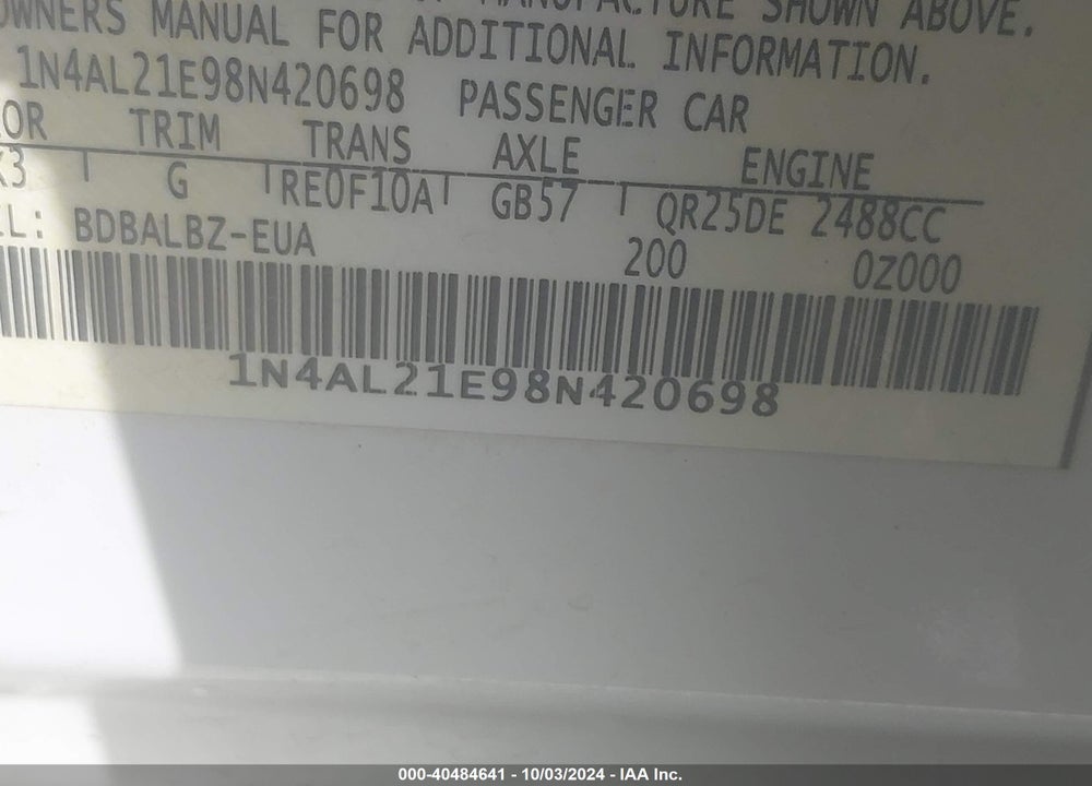 2008 NISSAN ALTIMA 2.5 S VIN: 1N4AL21E98N420698