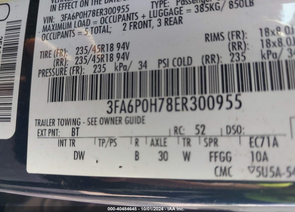 2014 FORD FUSION SE VIN: 3FA6P0H78ER300955