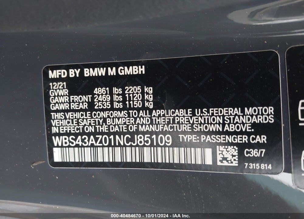 2022 BMW M4 COMPETITION XDRIVE VIN: WBS43AZ01NCJ85109