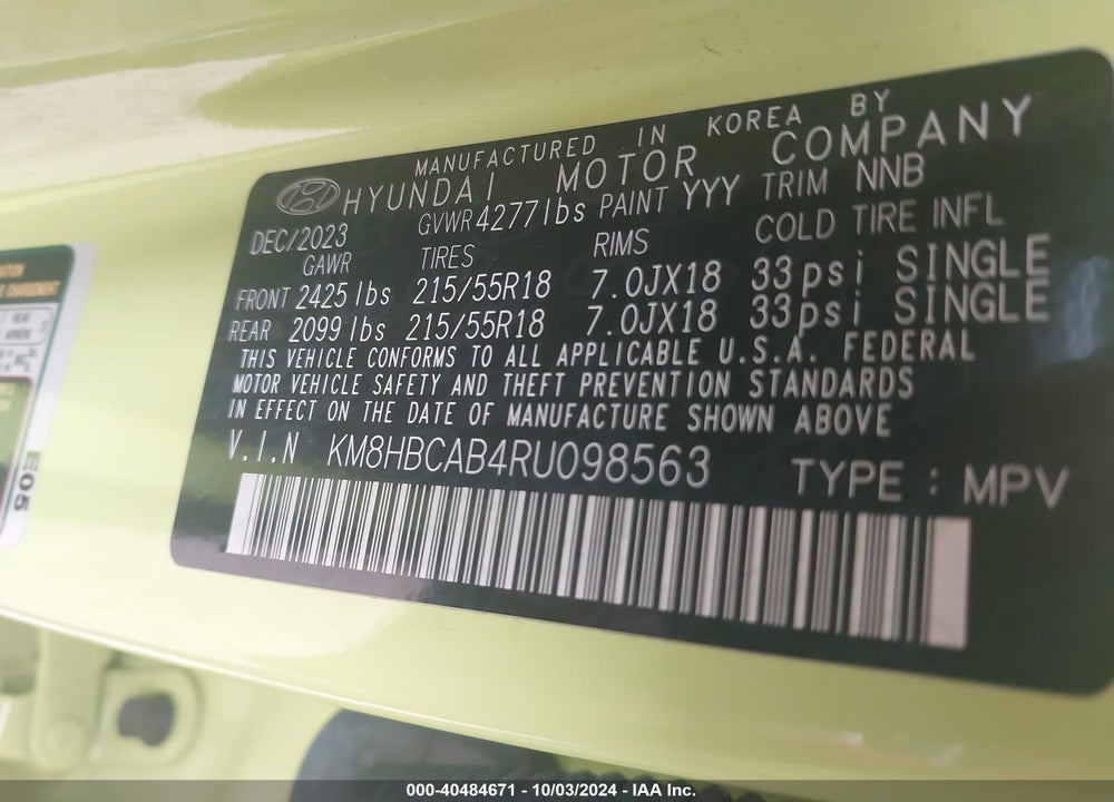 2024 HYUNDAI KONA SEL VIN: KM8HBCAB4RU098563