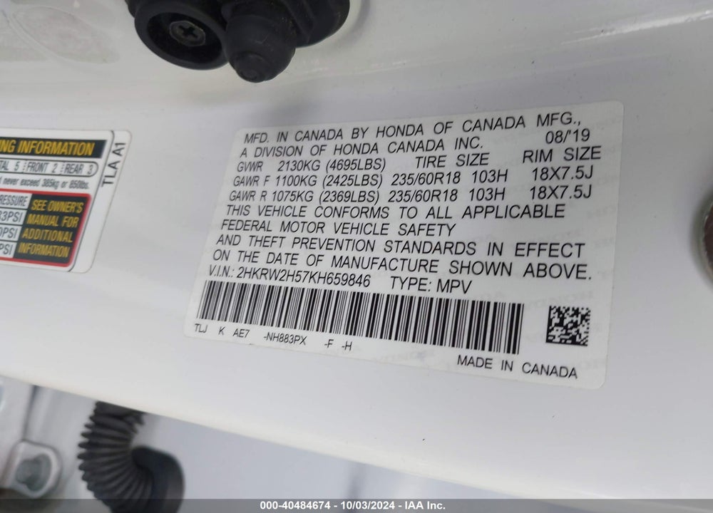 2019 HONDA CR-V EX VIN: 2HKRW2H57KH659846