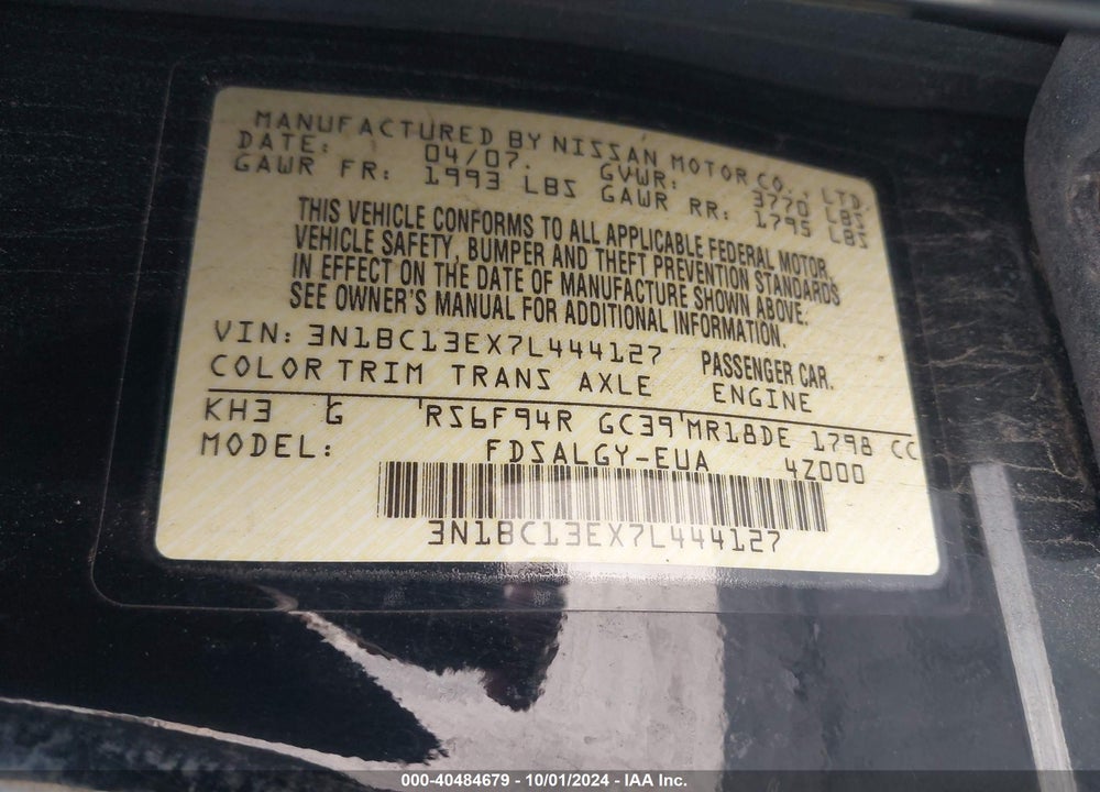 2007 NISSAN VERSA 1.8SL VIN: 3N1BC13EX7L444127