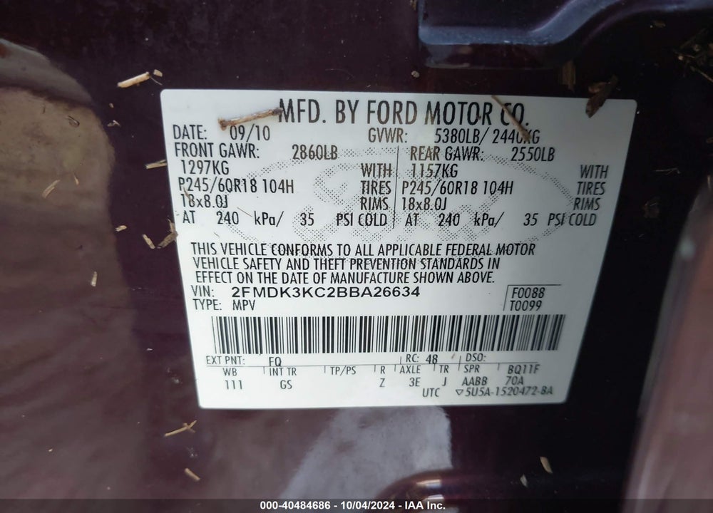 2011 FORD EDGE LIMITED VIN: 2FMDK3KC2BBA26634
