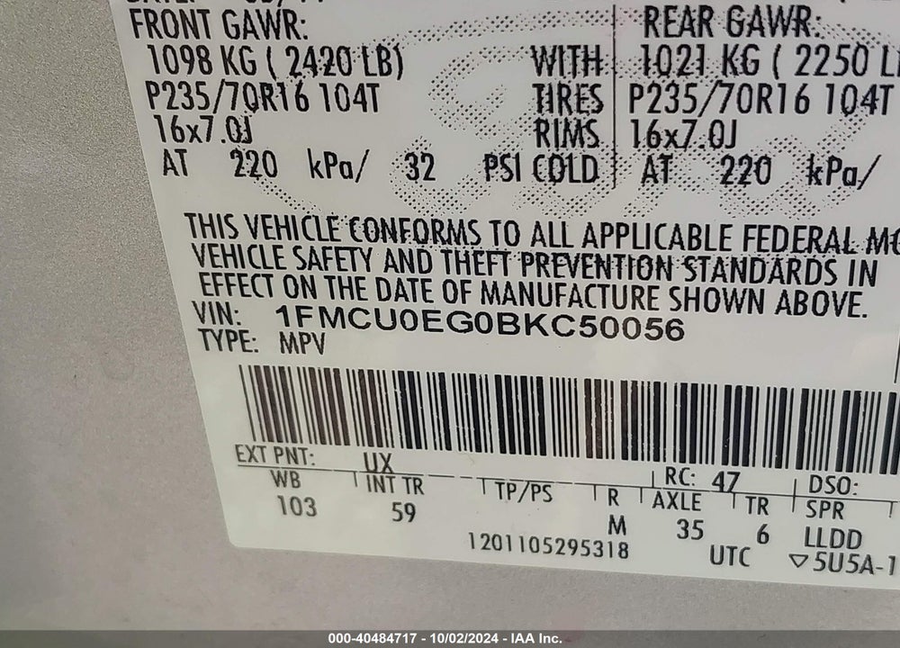 2011 FORD ESCAPE LIMITED VIN: 1FMCU0EG0BKC50056