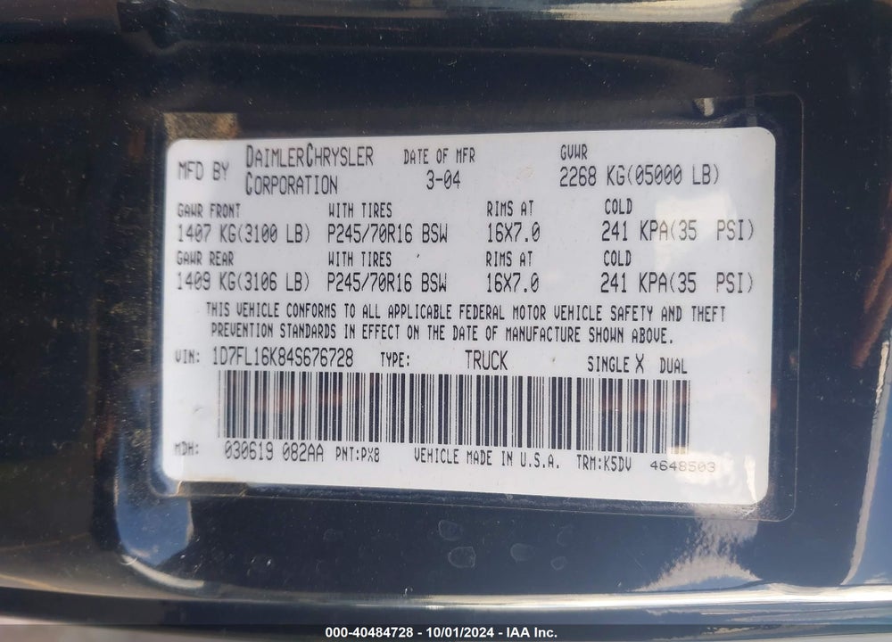 2004 DODGE DAKOTA VIN: 1D7FL16K84S676728