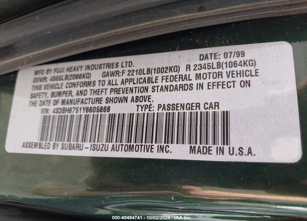2000 SUBARU OUTBACK OUTBACK W/GL EQUIP VIN: 4S3BH6751Y6605868