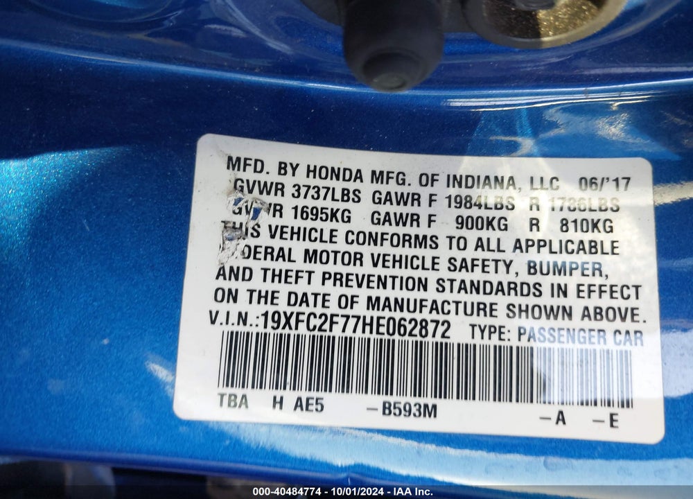 2017 HONDA CIVIC EX VIN: 19XFC2F77HE062872