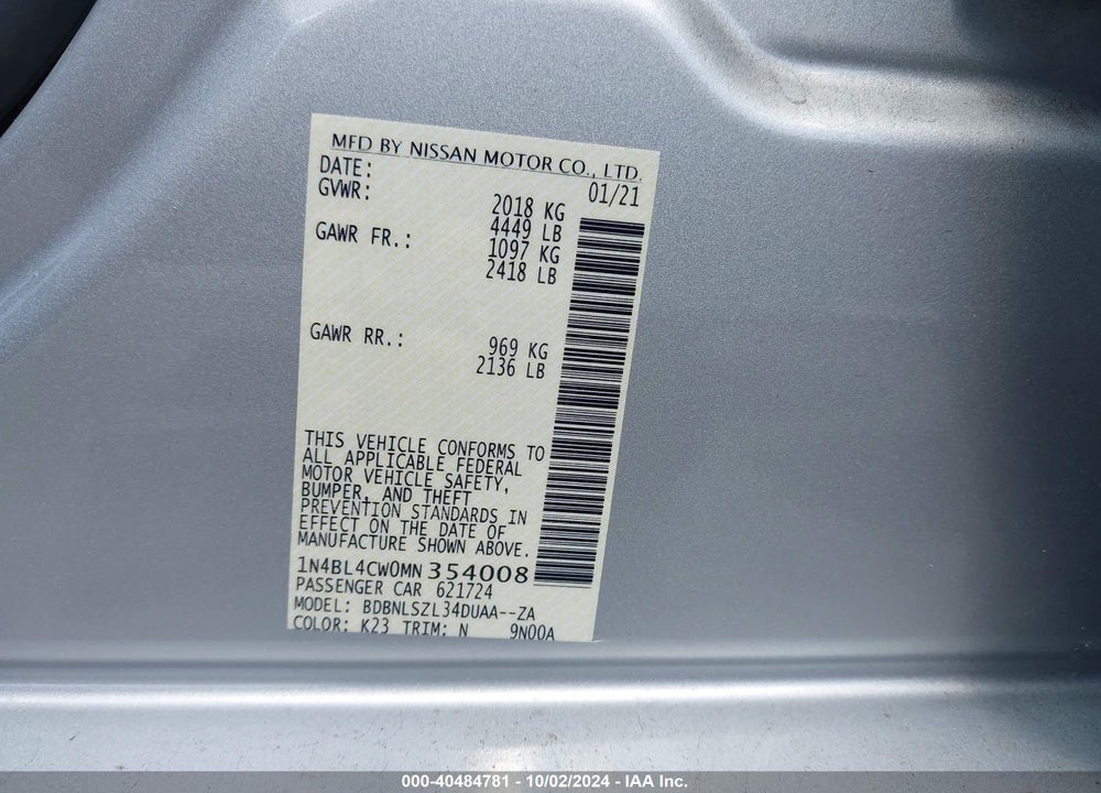 2021 NISSAN ALTIMA SR INTELLIGENT AWD VIN: 1N4BL4CW0MN354008