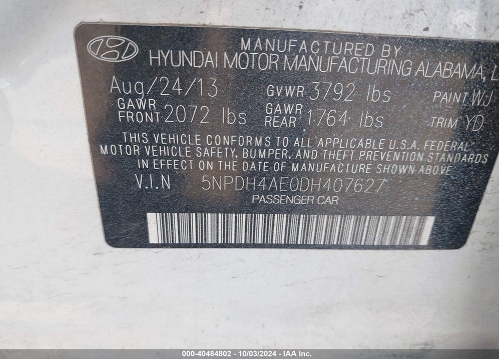 2013 HYUNDAI ELANTRA GLS VIN: 5NPDH4AE0DH407627