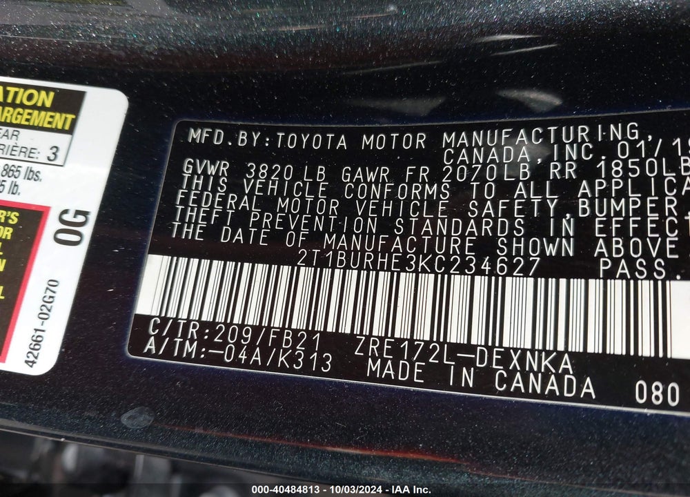 2019 TOYOTA COROLLA LE VIN: 2T1BURHE3KC234627