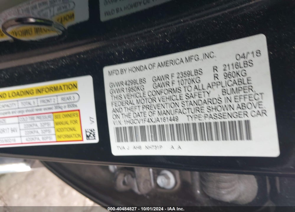 2018 HONDA ACCORD EX VIN: 1HGCV1F4XJA161449