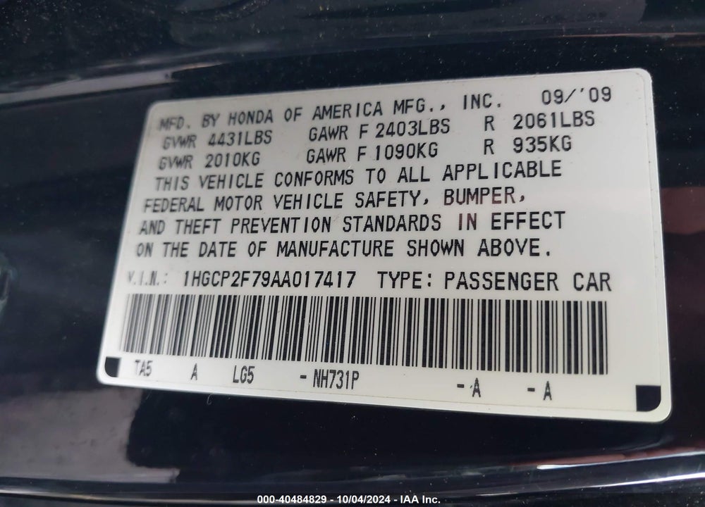 2010 HONDA ACCORD 2.4 EX VIN: 1HGCP2F79AA017417