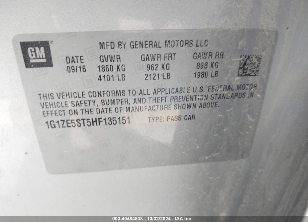 2017 CHEVROLET MALIBU 1LT VIN: 1G1ZE5ST5HF135151