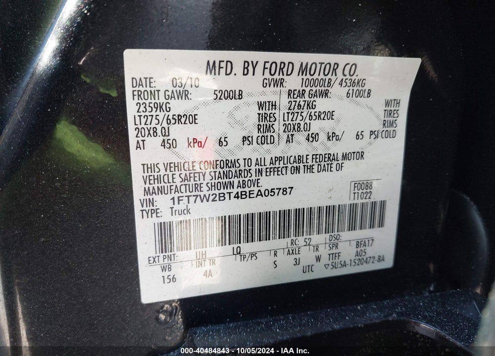 2011 FORD F-250 LARIAT VIN: 1FT7W2BT4BEA05787